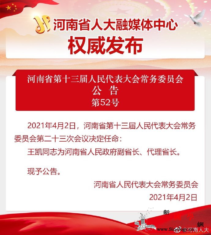王凯任河南省人民政府副省长、代理省长_河南省-省长-任命-