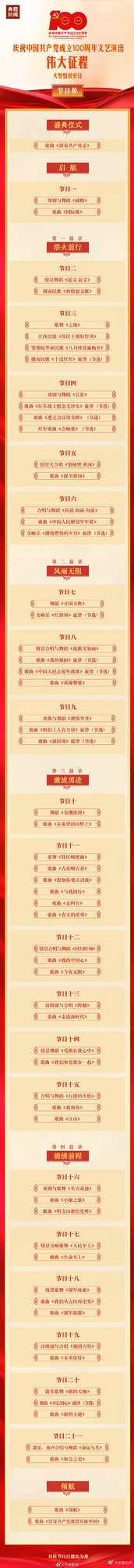 庆祝"建党百年文艺演出"节目单来了！_总台-责任编辑-节目单-主频-