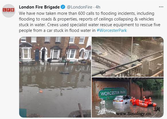 英国伦敦大雨滂沱市区街道积水多个车辆_伦敦-法新社-气象局-